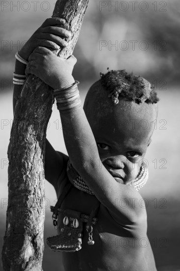 Black and white, portrait, Himba child, traditional Himba village, Kaokoveld, Kunene, Namibia