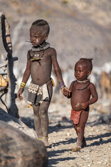 Himba children shake hands, traditional Himba village, Kaokoveld, Kunene, Namibia
