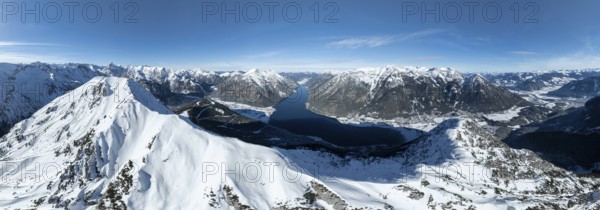 Alpine panorama, aerial view, epic view of mountain landscape with snow in winter, Bärenkopf summit, Achensee, Tyrol, Austria