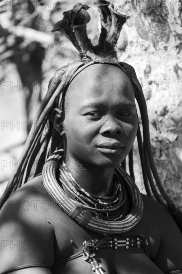 Black and white, Himba woman, portrait, traditional Himba village, Kaokoveld, Kunene, Namibia