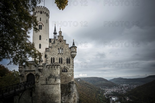 Castle and dark mystical atmosphere, Lichtenstein Castle, Honau, Echaz Valley, Swabian Jura, Baden-Württemberg, Germany