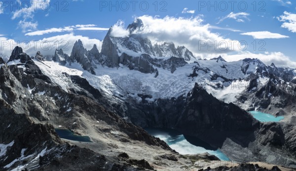 Aerial View, Epic Panorama, Large Glaciers, Lago de los Tres Laguna Sucia Glacier Lakes, Mountains and Peaks of Monte Fitz Roy, Mount Fitz Roy, Cerro Chalten, Los Glaciares National Park, Patagonia, Santa Cruz Province, Argentina