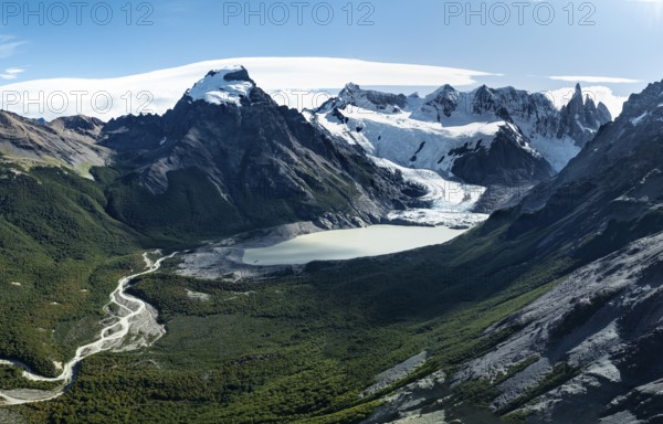 Aerial View, Epic Panorama, Glaciar Torre Glacier Lake Laguna Torre, Mountains and Peaks of Monte Fitz Roy and Cerro Torre, Fitz Roy Mountain Range, Cerro Chalten, Los Glaciares National Park, Patagonia, Santa Cruz Province, Argentina