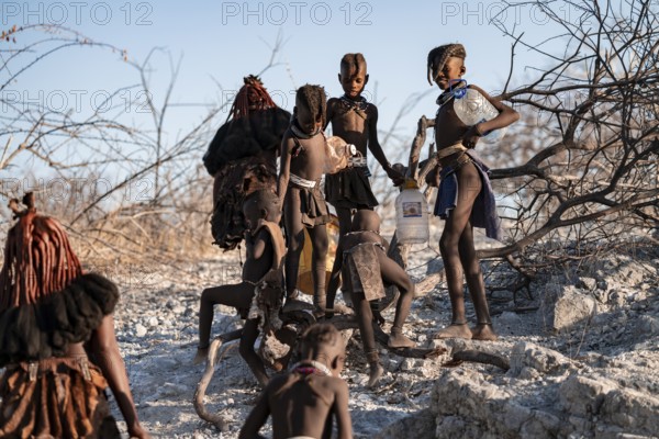 Himba woman and children run to fetch water with canisters through dry countryside, traditional Himba, Kaokoveld, Kunene, Namibia