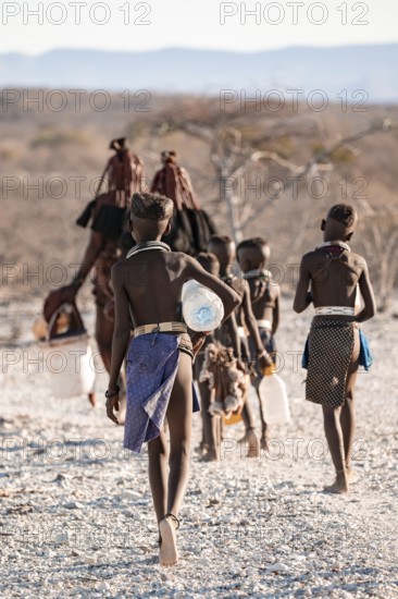 Himba woman and children run to fetch water with canisters through dry countryside, traditional Himba, Kaokoveld, Kunene, Namibia