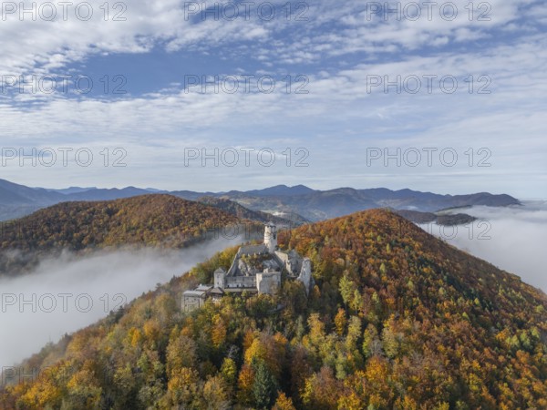 Aerial view of Araburg with autumn forest and fog, Kaumberg, Lower Austria, Austria