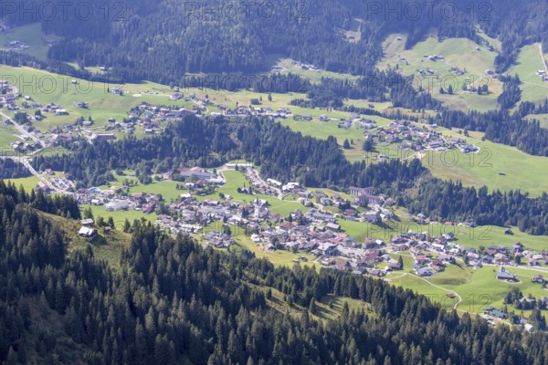 Panorama from the Fellhorn mountain trail, 2037 m, to Söllereck, 1706 m, to Mittelberg in Kleinwalsertal, Allgäu, Vorarlberg, Austria