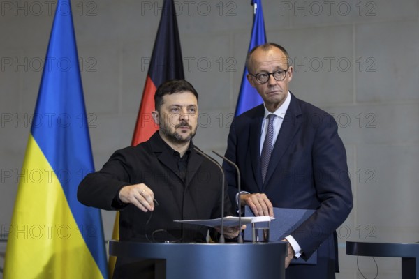 Volodymyr Zelensky (President of Ukraine) and Friedrich Merz (Chancellor of the Federal Republic of Germany) leave the press conference at the Federal Chancellery after the 8th German-Ukrainian Economic Forum, 15.08.2025