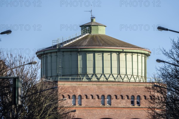The water tower on Steeler Berg, Steeler Strassen in Essen, one of 8 water tank systems operated by Stadtwerke Essen for water supply, with a volume of 2000 cubic meters, it is used for water supply during peak consumption in the morning and at noon, North Rhine-Westphalia, Germany