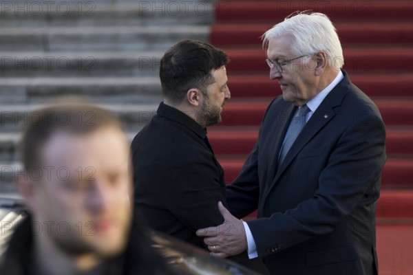 Volodymyr Zelensky (President of Ukraine) and Frank-Walter Steinmeier (President of the Federal Republic of Germany) greet each other warmly on arrival at Bellevue Palace, 15 December 2025