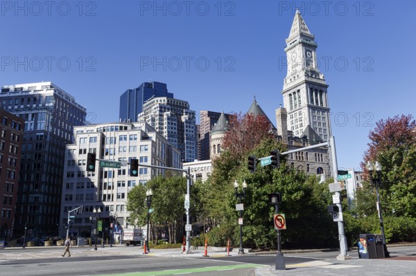 Government Center with Boston City Hall and Custom House Tower, Clock Tower, Passerby, Road Junction, Freedom Trail, Financial District, Downtown, Boston, Massachusetts, New England, USA