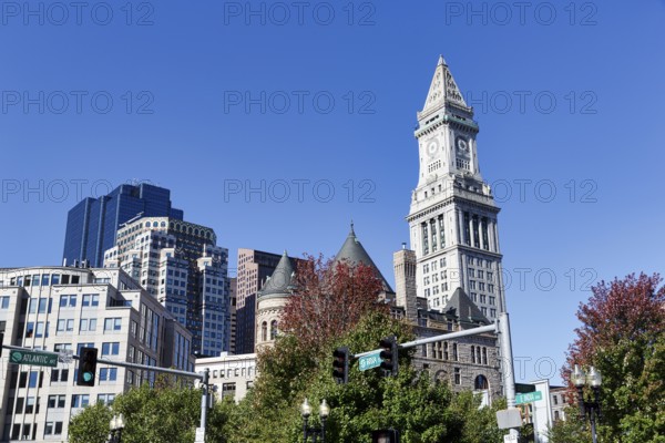 Government Center with Boston City Hall and Custom House Tower, Clock Tower, Freedom Trail, Financial District, Downtown, Boston, Massachusetts, New England, USA