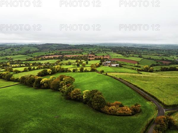 Autumn colours over Wales Farms and Fields from a drone, Grosmont, Abergavenny, Monmouthshire, Wales, UK