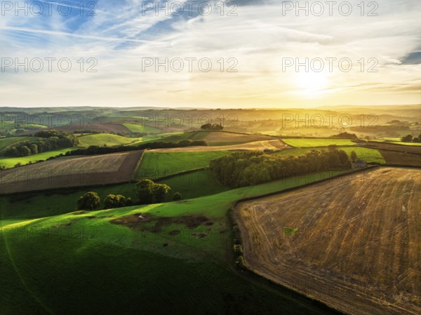 Colours of Devon Farms and Fields over Berry Pomeroy from a drone, Totnes, England, United Kingdom