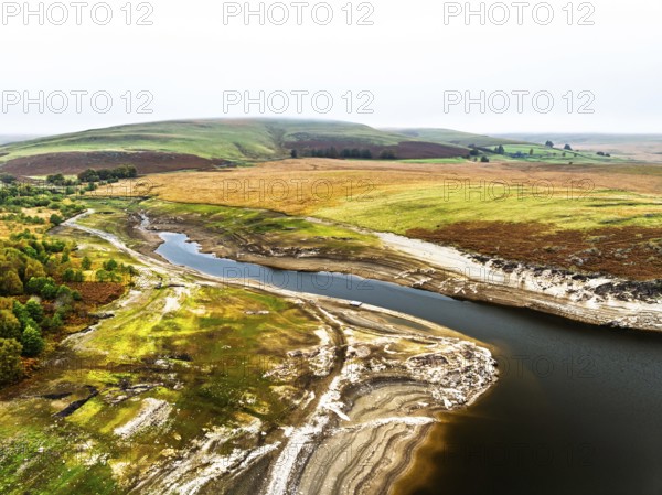 Autumn over Craig Goch Dam from a drone, Elan Valley Reservoirs, Elan Valley, Rhayader, Powys, Wales, UK