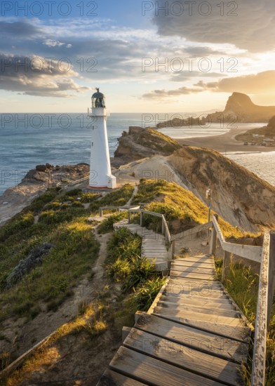 The Castlepoint lighthouse on a rock, ocean, Deliverance Cove and Castle Rock in the background. Evening, golden hour, sunset. Castlepoint, Wairarapa Coast, Wellington Region, North Island, New Zealand