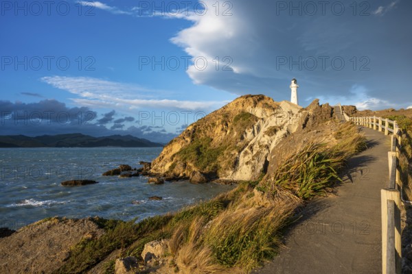 Sea, rocks, coast and Castlepoint lighthouse, evening, golden hour. Castlepoint, Wairarapa Coast, Wellington Region, North Island, New Zealand