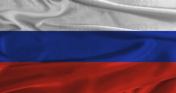 Flag of Russia with fabric textured background. Close up of National flag of Russia with realistic texture