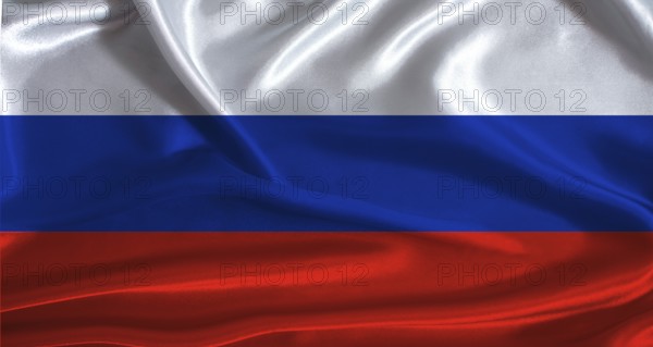 Russia flag with cloth textured background. National flag of Russia with realistic texture