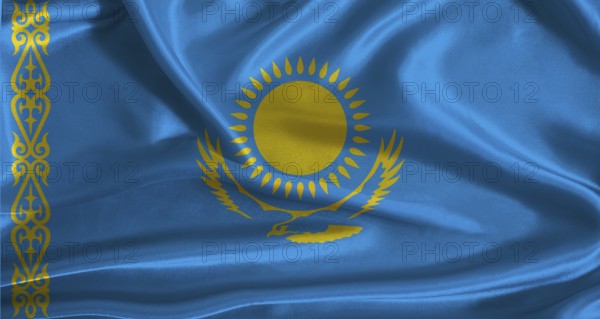 Kazakhstan flag with cloth textured background. National flag of Kazakhstan with realistic texture