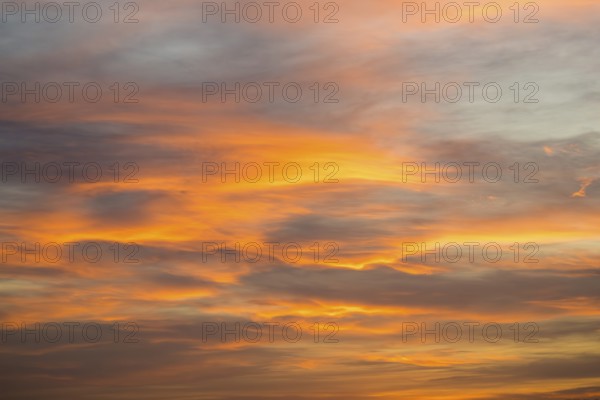 Dramatic evening sky with bright orange clouds in soft pastel shades, Baden-Württemberg, Germany