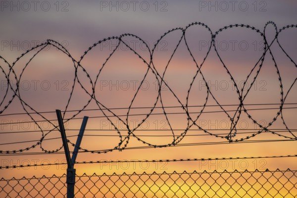 Barbed wire against a glowing orange evening sky, Baden-Württemberg, Germany