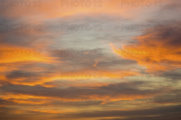 Softly colored clouds fill the sky in warm tones at sunset, Baden-Württemberg, Germany