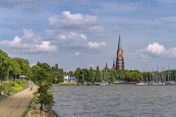 View across the Schlei to St. Peter's Cathedral, City of Schleswig, Schleswig-Holstein, Germany