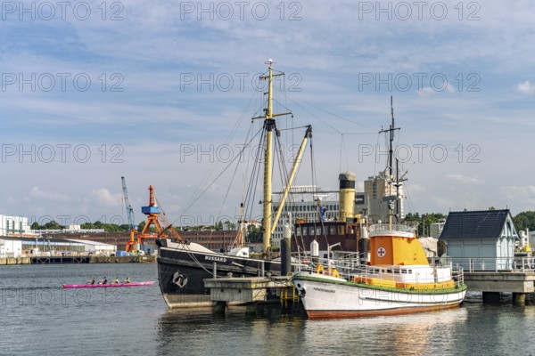Museum ships Sea Rescue Cruiser Hindenburg and the Buzzard at the Seegarten Museum Bridge of the Kiel Shipping Museum, Kiel, Schleswig-Holstein, Germany