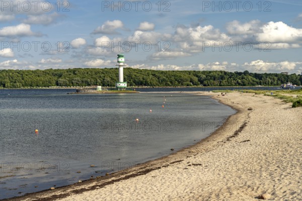Falkensteiner Beach and Friedrichsort lighthouse on the Kiel Fjord, Kiel, Schleswig-Holstein, Germany