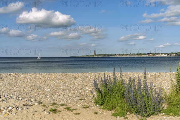 View of Laboe from Falkensteiner Beach with the Naval Memorial on the Kiel Fjord, Kiel, Schleswig-Holstein, Germany