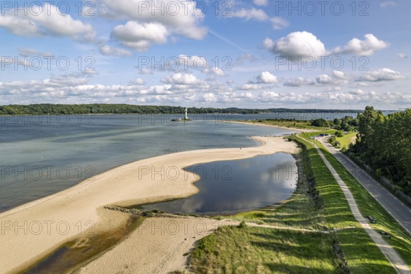 Falkensteiner Beach and Friedrichsort lighthouse on the Kiel Fjord seen from above, Kiel, Schleswig-Holstein, Germany