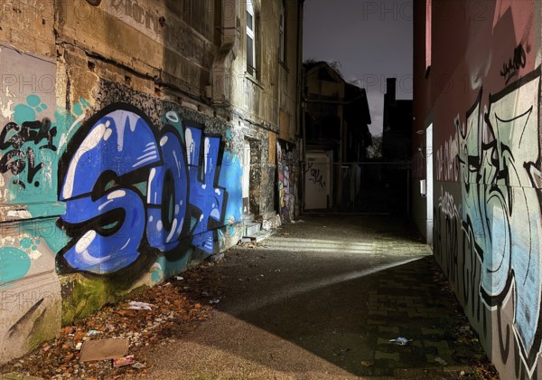 Decaying façade smeared with graffiti, scrap property in a no-go area, Gelsenkirchen, Ruhr area, North Rhine-Westphalia, Germany
