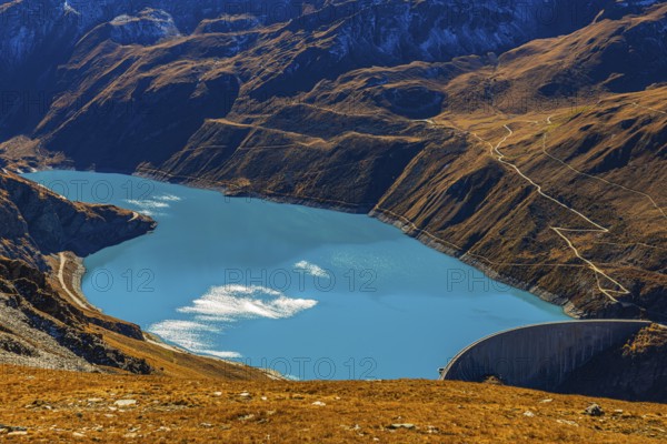 The dam and turquoise lake Lac de Moiry, Val d'Anniviers, Valais Alps, Canton of Valais, Switzerland