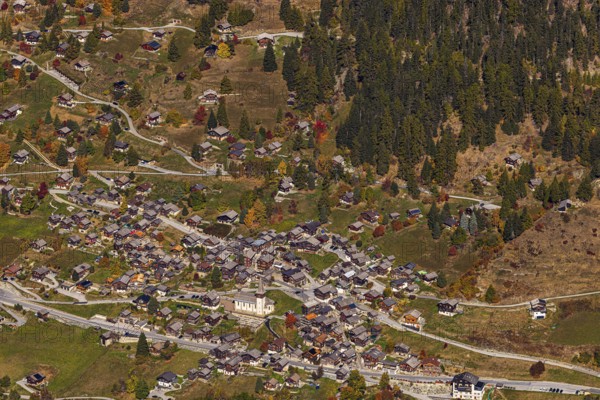 The mountain village of Ayer, aerial view, Val d'Anniviers, Valais Alps, Canton of Valais, Switzerland