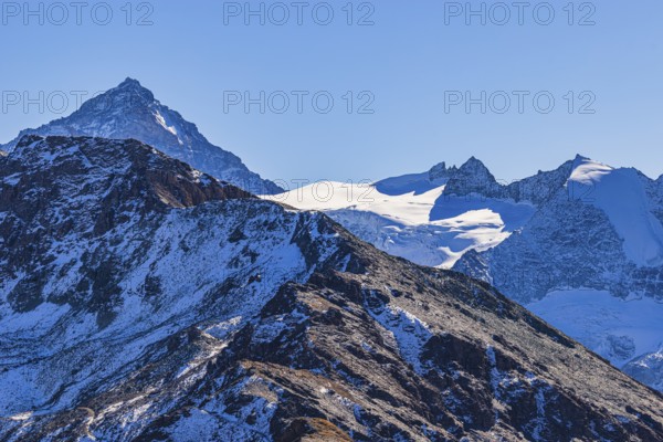 Snow-capped peaks of the Garde de Bordon and Dent d' Herens mountains, Val d'Anniviers, Valais Alps, Canton of Valais, Switzerland