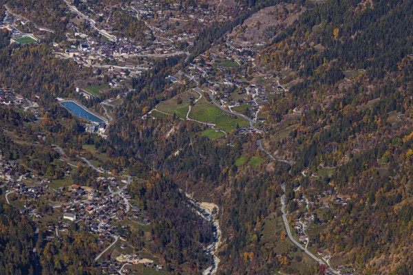 The Val d'Anniviers valley with the villages of St-Jean and Vissoie, aerial view, Valais Alps, Canton of Valais, Switzerland