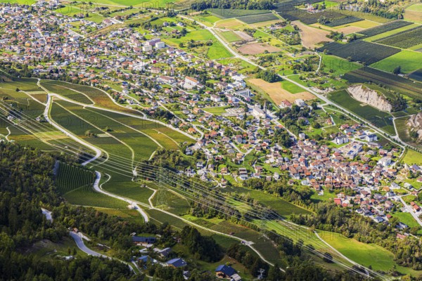 The towns of Chalais and Rechy in the Rhone Valley, view from Vercorin, Val d'Anniviers, Valais Alps, Canton of Valais, Switzerland