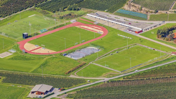 Chalais sports park, view from Vercorin, Val d'Anniviers, Valais Alps, Canton of Valais, Switzerland