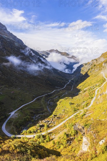 The mountain road from Grimentz to the Lac de Moiry reservoir, Val d'Anniviers, Valais Alps, Canton of Valais, Switzerland