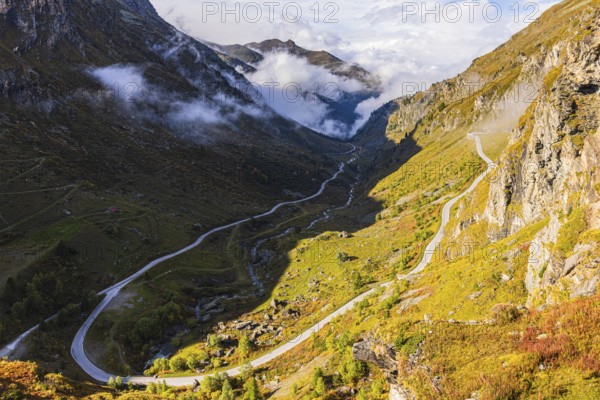 The mountain road from Grimentz to the Lac de Moiry reservoir, Val d'Anniviers, Valais Alps, Canton of Valais, Switzerland
