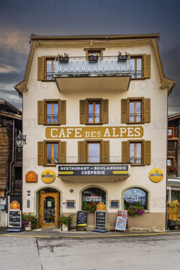 Historic Cafe des Alpes in Vissoie, Val d'Anniviers, Valais Alps, Canton of Valais, Switzerland