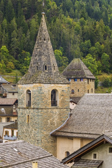 Church tower of the Sainte-Euphemie church and behind it the tower of Anniviers, also known as Episcopal Tower, Vissoie, Val d'Anniviers, Valais Alps, Canton of Valais, Switzerland
