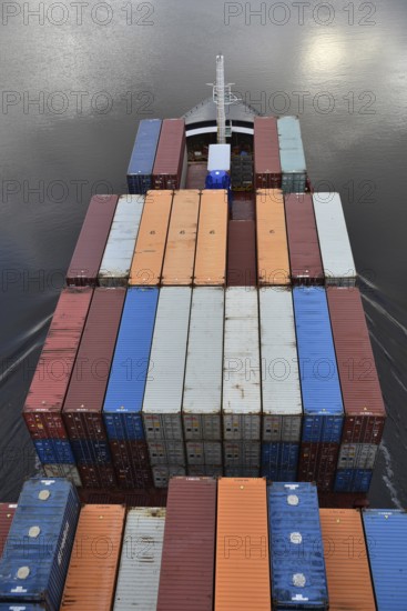Aerial view of shipping container, container ship NORDIC PORTO photographed from above, Kiel Canal, Kiel Canal, Kiel Canal, Schleswig-Holstein, Germany