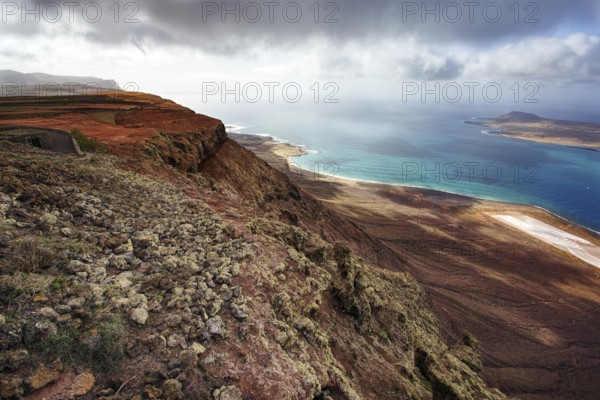 Dramatic coastal cliff overlooking the sea under a cloudy sky, Haria Lanzarote, Canary Island