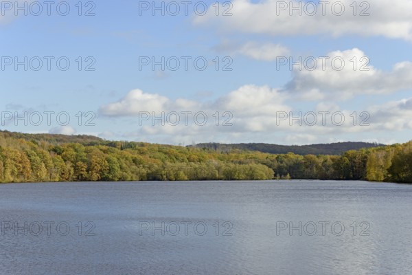 View over Lake Möhnesee, mixed autumn forest on the shore, blue sky, Möhnetalsperre, North Rhine-Westphalia, Germany