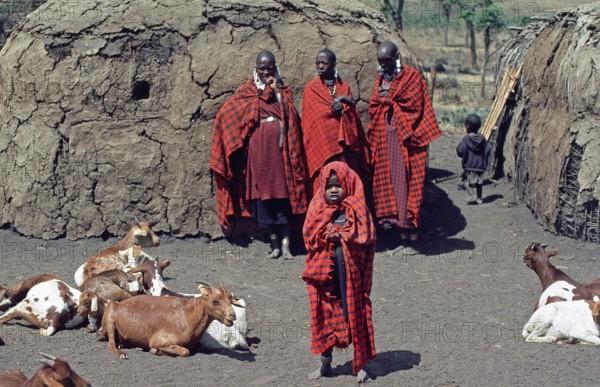 Maasai woman, children and goats in their village in the Ngorongoro Crater, Tanzania, June 2000, vintage, retro, old, historic