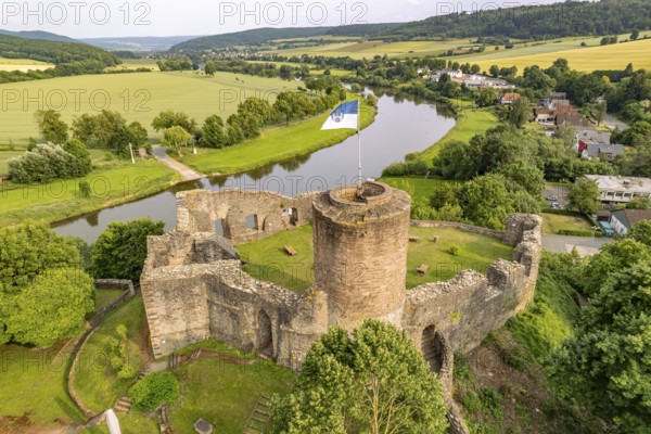 Ruins of Polle Castle on the Weser seen from above, Samtgemeinde Bodenwerder-Polle, Lower Saxony, Germany