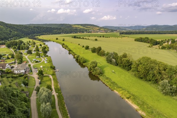 Campground and the Weser near Polle seen from the air, Polle, Samtgemeinde Bodenwerder-Polle, Lower Saxony, Germany