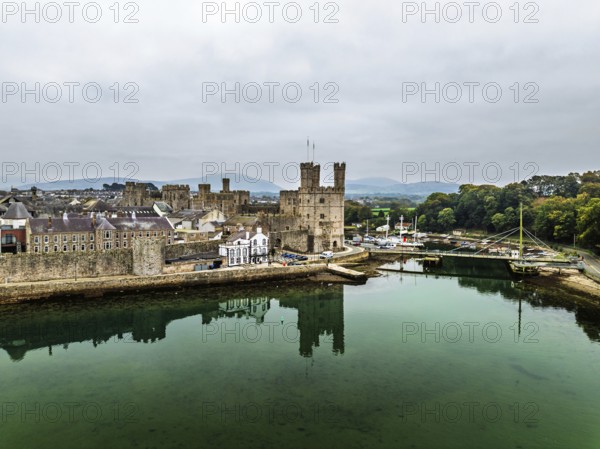 Caernarfon Castle from a drone, Caernarfon, Gwynedd, North-West Wales, UK